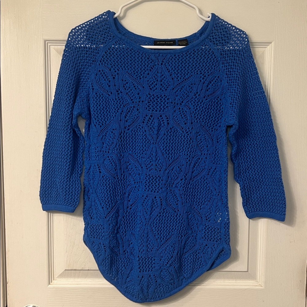 JEANNE PIERRE Royal Blue Women's Open Weave 3/4 Sleeve Sweater Size Medium